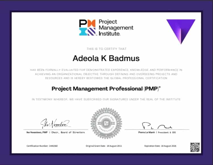 A sample of the Project Management Professional (PMP) certificate