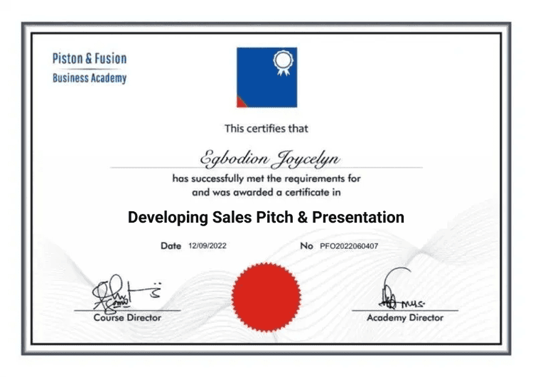 A Sample of the Developing Sales Pitch & Presentation Certificate