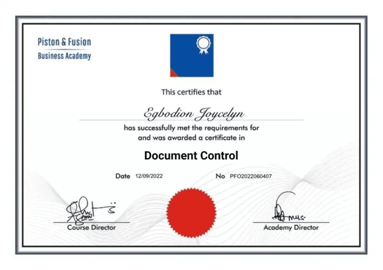 A Sample of the Document Control Certificate