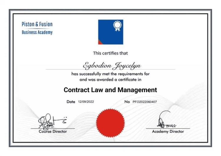 A Sample of the Contract Law and Managements Certificate