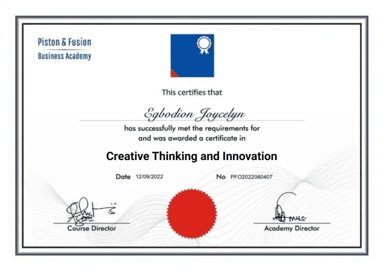 A Sample of the Creative Thinking and Innovation Certificate
