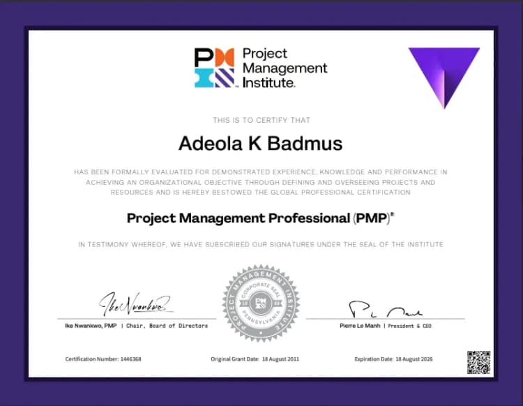 A sample of the Project Management Professional (PMP) certificate