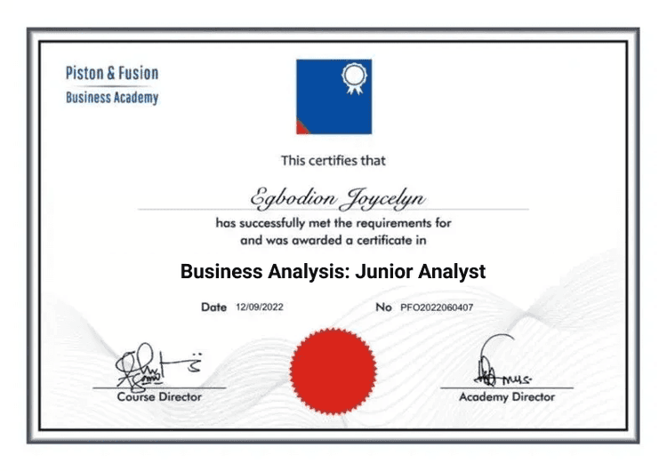 An example of the Junior Business Analysis certificate