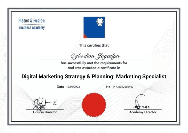 An example of the Digital Marketing Specialist certificate